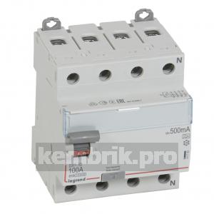 Выключатель дифференциального тока (УЗО) DX3 4П 100А А 500мА N справа